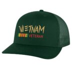 Vietnam Veteran trucker hat with embroidered design and snapback closure, mesh back cap for veterans and military supporters.