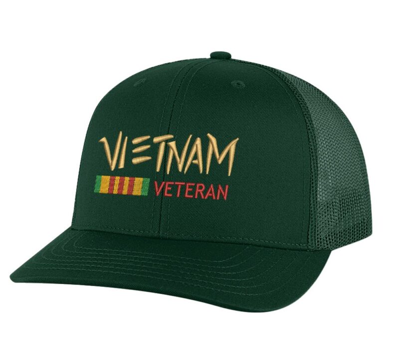 Vietnam Veteran trucker hat with embroidered design and snapback closure, mesh back cap for veterans and military supporters.