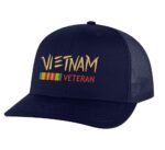 Vietnam Veteran trucker hat with embroidered design and snapback closure, mesh back cap for veterans and military supporters.