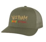 Vietnam Veteran trucker hat with embroidered design and snapback closure, mesh back cap for veterans and military supporters.
