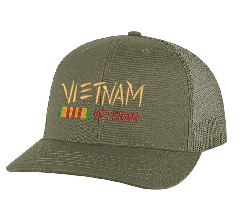 Vietnam Veteran trucker hat with embroidered design and snapback closure, mesh back cap for veterans and military supporters.