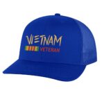 Vietnam Veteran trucker hat with embroidered design and snapback closure, mesh back cap for veterans and military supporters.