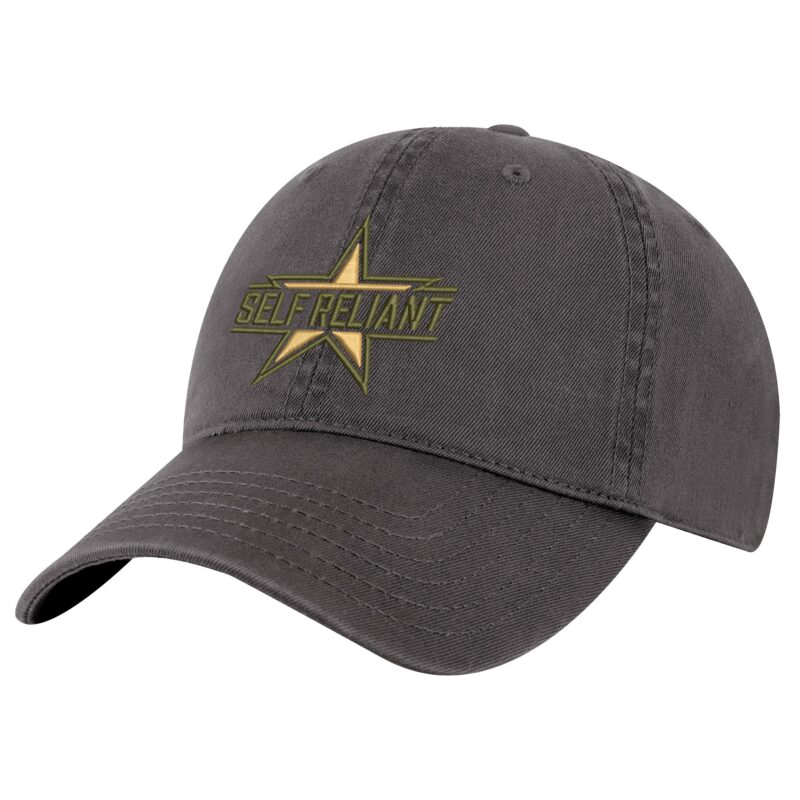 Military star dad hat with "SELF RELIANT" embroidery, 100% cotton, adjustable strapback closure