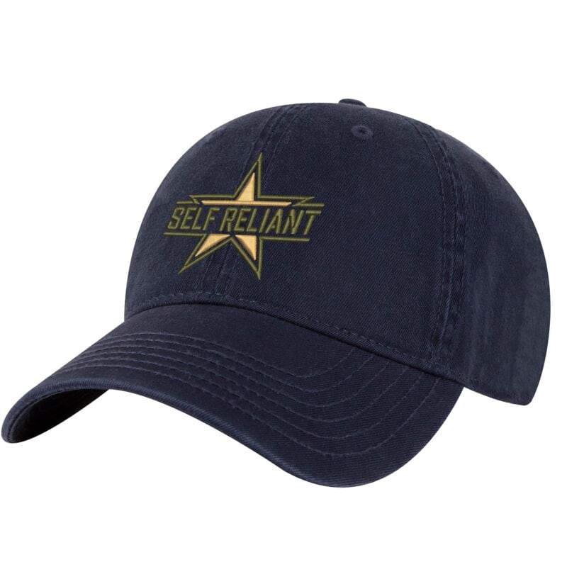 Military star dad hat with "SELF RELIANT" embroidery, 100% cotton, adjustable strapback closure