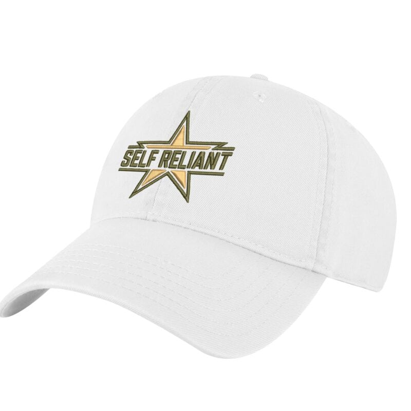 Military star dad hat with "SELF RELIANT" embroidery, 100% cotton, adjustable strapback closure