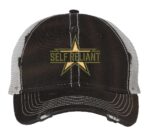 Distressed military star trucker hat with "SELF RELIANT" embroidery, mesh back panel, and adjustable strap closure