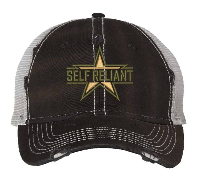 Distressed military star trucker hat with "SELF RELIANT" embroidery, mesh back panel, and adjustable strap closure