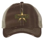 Distressed military star trucker hat with "SELF RELIANT" embroidery, mesh back panel, and adjustable strap closure