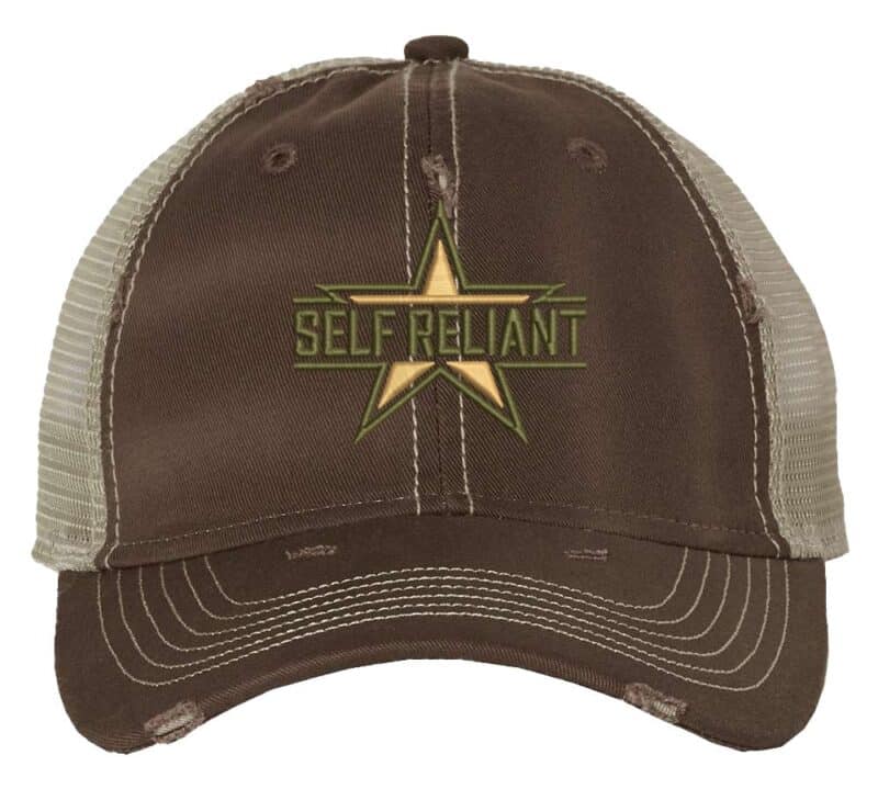 Distressed military star trucker hat with "SELF RELIANT" embroidery, mesh back panel, and adjustable strap closure