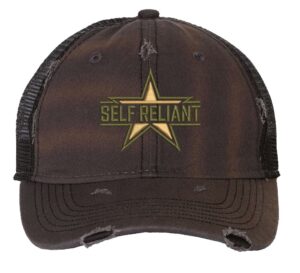 Distressed military tactical trucker hat with Self Reliant embroidery and vintage mesh back panel