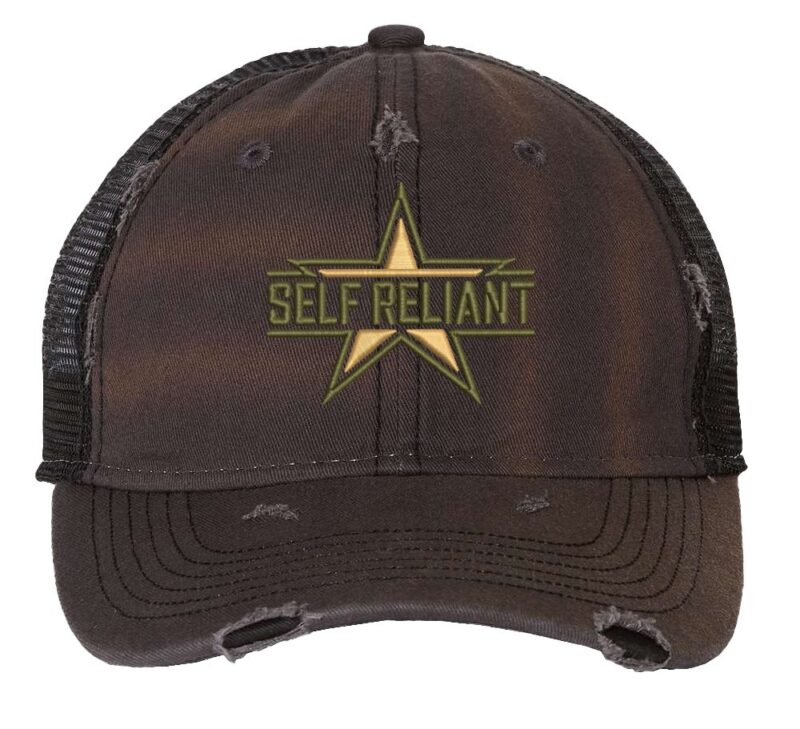 Distressed military tactical trucker hat with Self Reliant embroidery and vintage mesh back panel