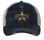 Distressed military star trucker hat with "SELF RELIANT" embroidery, mesh back panel, and adjustable strap closure