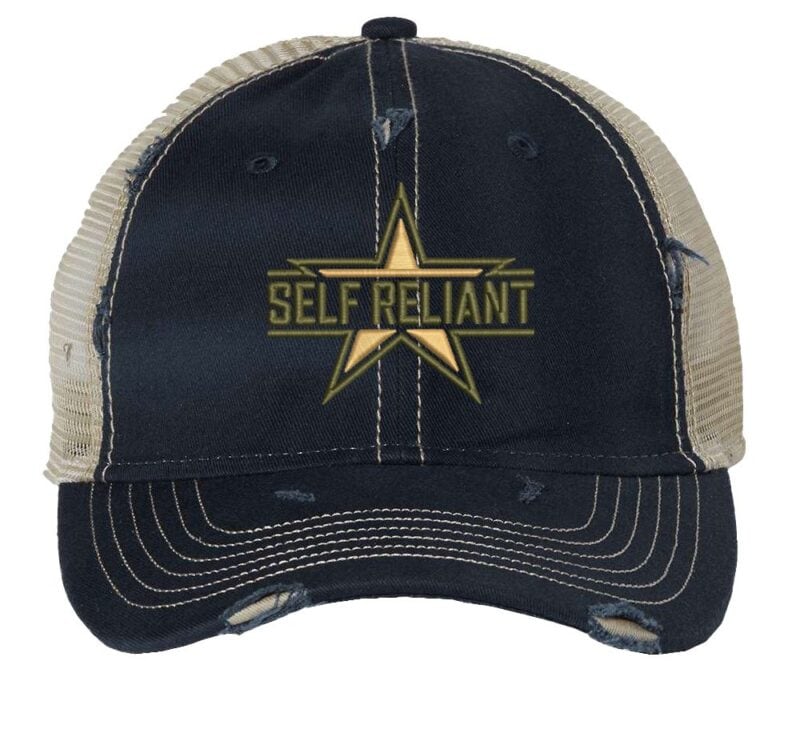 Distressed military star trucker hat with "SELF RELIANT" embroidery, mesh back panel, and adjustable strap closure