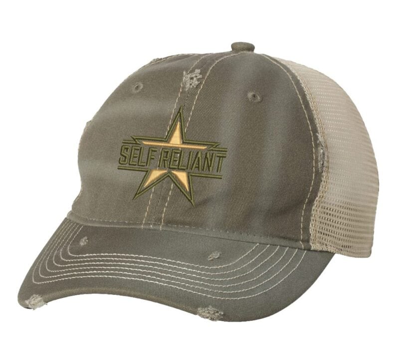 Distressed military star trucker hat with "SELF RELIANT" embroidery, mesh back panel, and adjustable strap closure