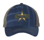Distressed military star trucker hat with "SELF RELIANT" embroidery, mesh back panel, and adjustable strap closure