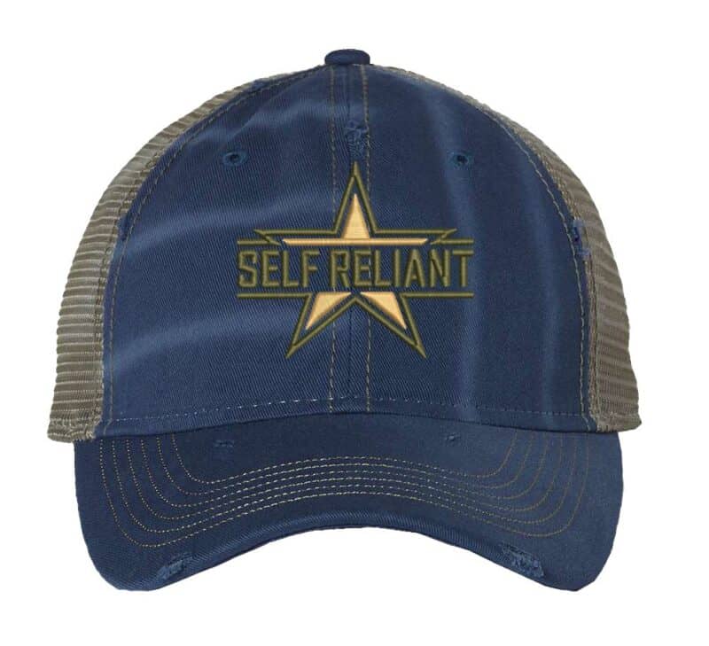 Distressed military star trucker hat with "SELF RELIANT" embroidery, mesh back panel, and adjustable strap closure