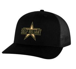 Military star trucker hat with Self Reliant snapback closure and embroidered tactical design on mesh cap