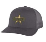 Military star trucker hat with "SELF RELIANT" embroidery, mesh back, and snapback closure