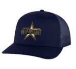 Military star trucker hat with "SELF RELIANT" embroidery, mesh back, and snapback closure