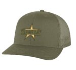 Military star trucker hat with "SELF RELIANT" embroidery, mesh back, and snapback closure