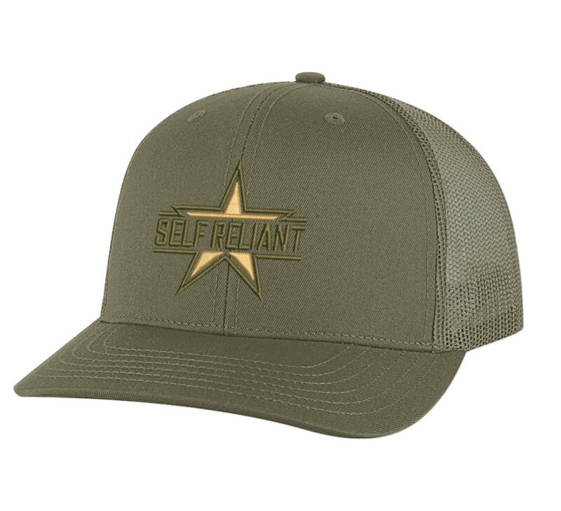 Military star trucker hat with "SELF RELIANT" embroidery, mesh back, and snapback closure