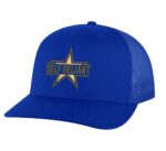 Military star trucker hat with "SELF RELIANT" embroidery, mesh back, and snapback closure