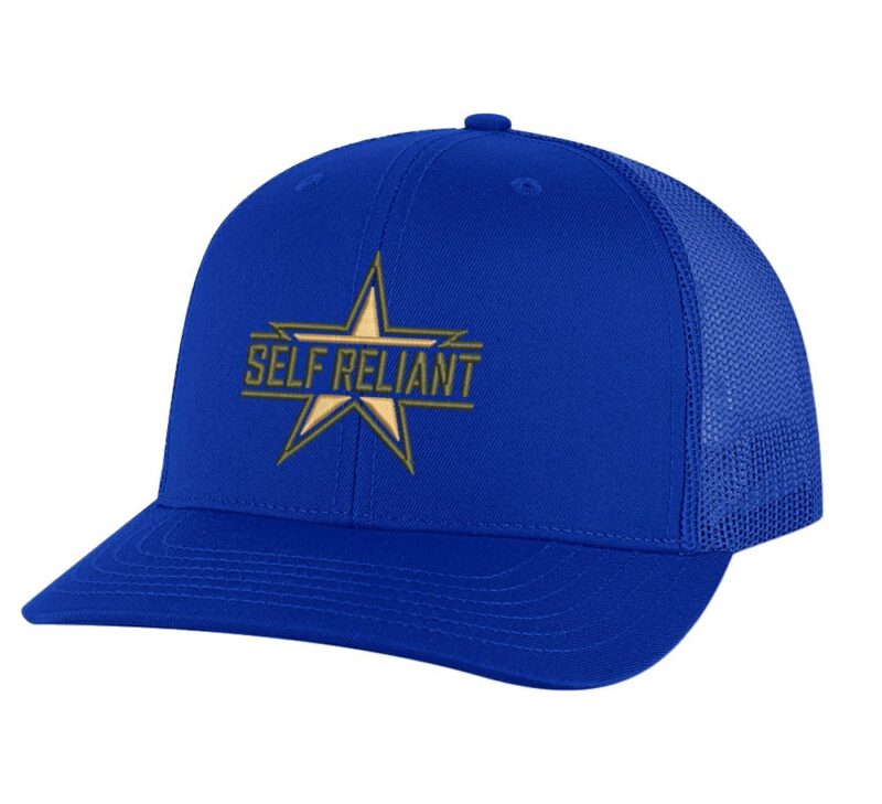 Military star trucker hat with "SELF RELIANT" embroidery, mesh back, and snapback closure