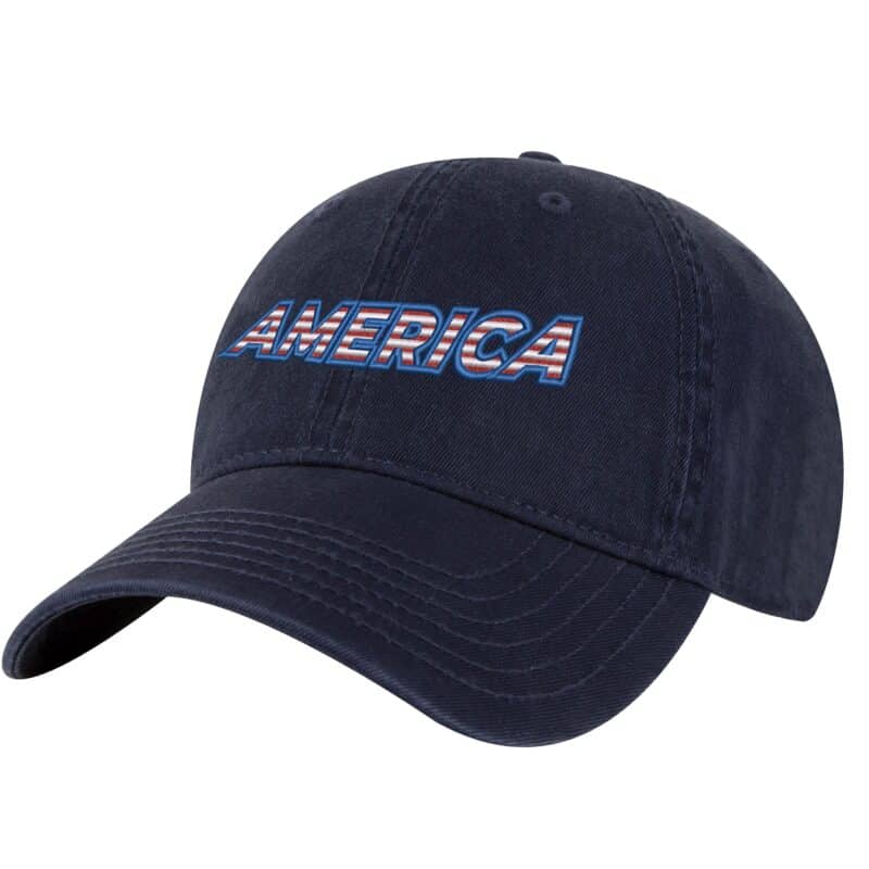 America dad hat in 100% cotton with patriotic flag color embroidery and adjustable strapback closure
