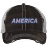 Distressed trucker hat with "AMERICA" embroidery in flag colors, mesh back panel, and adjustable strap closure