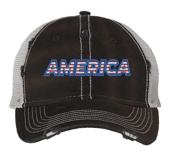 Distressed trucker hat with "AMERICA" embroidery in flag colors, mesh back panel, and adjustable strap closure