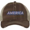 Distressed trucker hat with "AMERICA" embroidery in flag colors, mesh back panel, and adjustable strap closure