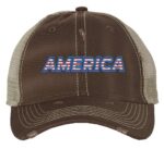 Distressed trucker hat with "AMERICA" embroidery in flag colors, mesh back panel, and adjustable strap closure