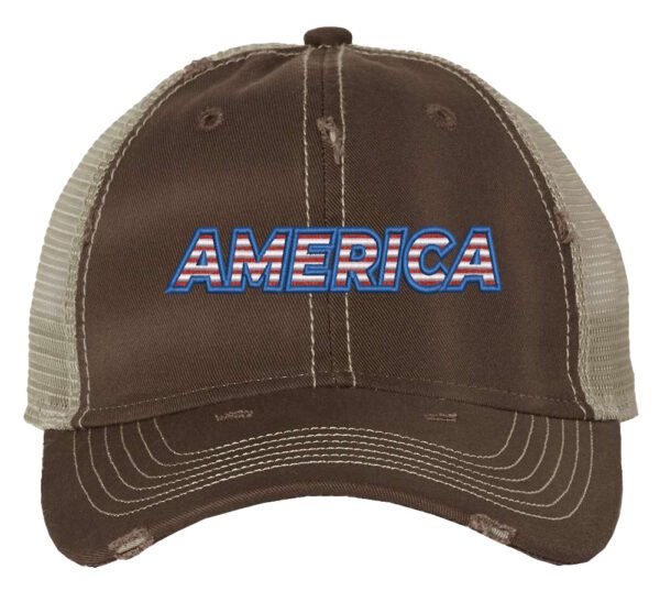 Distressed trucker hat with "AMERICA" embroidery in flag colors, mesh back panel, and adjustable strap closure