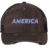 Distressed trucker hat with "AMERICA" embroidery in flag colors, mesh back panel, and adjustable strap closure