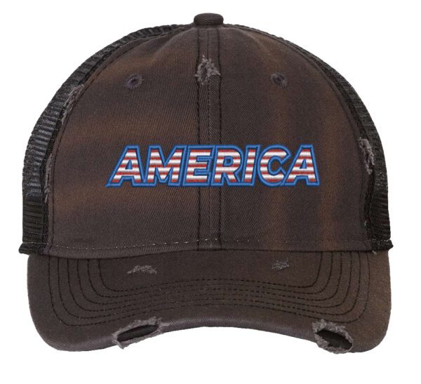 Distressed trucker hat with "AMERICA" embroidery in flag colors, mesh back panel, and adjustable strap closure