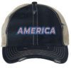 Distressed trucker hat with "AMERICA" embroidery in flag colors, mesh back panel, and adjustable strap closure