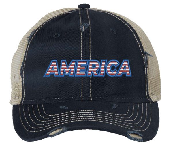 Distressed trucker hat with "AMERICA" embroidery in flag colors, mesh back panel, and adjustable strap closure