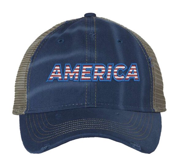 Distressed trucker hat with "AMERICA" embroidery in flag colors, mesh back panel, and adjustable strap closure