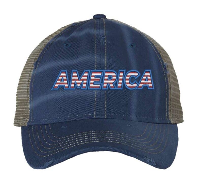 Distressed trucker hat with "AMERICA" embroidery in flag colors, mesh back panel, and adjustable strap closure