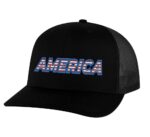 Classic trucker hat with "AMERICA" embroidery in flag colors, mesh back panel, and snapback closure