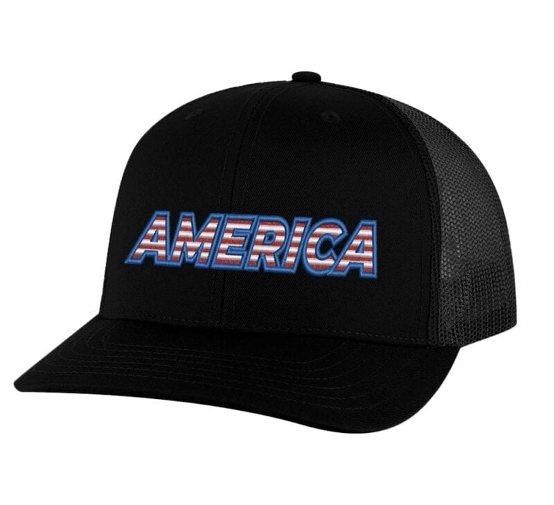 Classic trucker hat with "AMERICA" embroidery in flag colors, mesh back panel, and snapback closure
