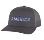 Classic trucker hat with "AMERICA" embroidery in flag colors, mesh back panel, and snapback closure