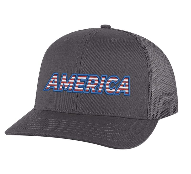 Classic trucker hat with "AMERICA" embroidery in flag colors, mesh back panel, and snapback closure