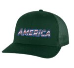 Classic trucker hat with "AMERICA" embroidery in flag colors, mesh back panel, and snapback closure