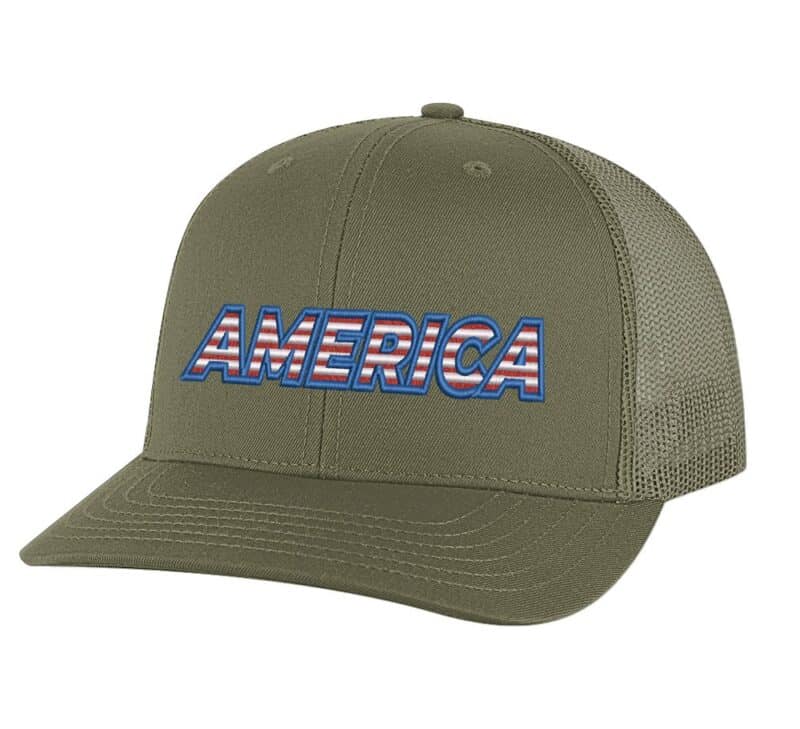 Classic trucker hat with "AMERICA" embroidery in flag colors, mesh back panel, and snapback closure