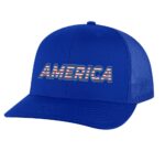 Classic trucker hat with "AMERICA" embroidery in flag colors, mesh back panel, and snapback closure