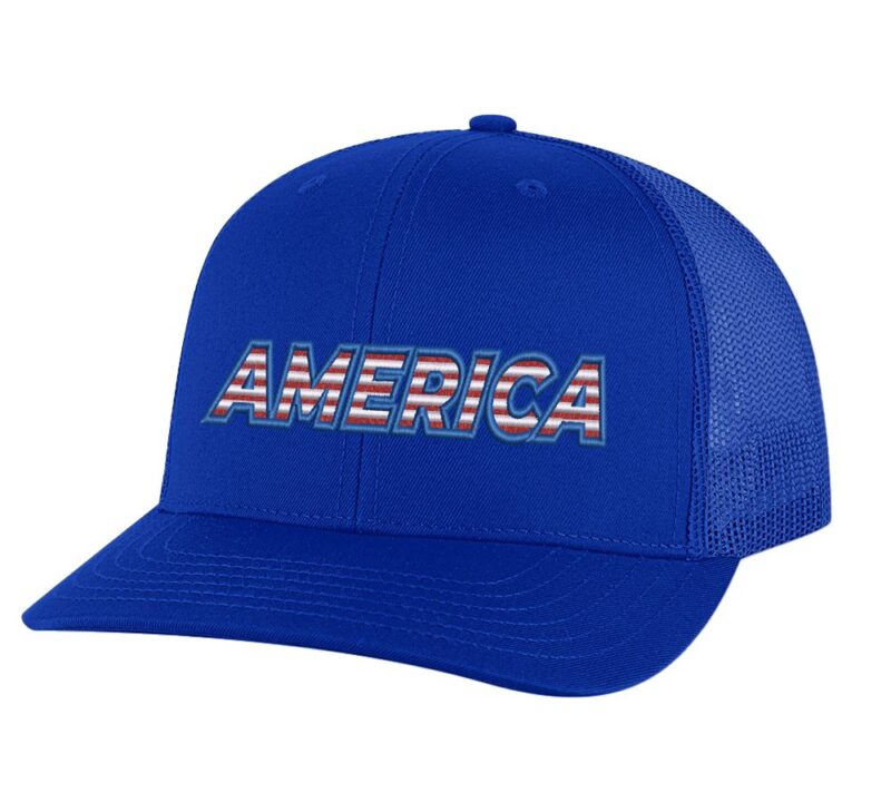 Classic trucker hat with "AMERICA" embroidery in flag colors, mesh back panel, and snapback closure