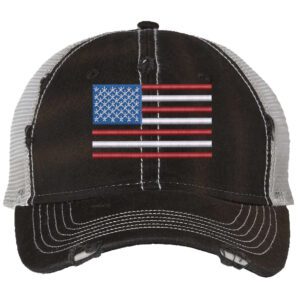 Distressed trucker hat with embroidered American flag design, mesh back panel, and adjustable strap closure