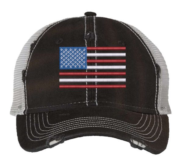 Distressed trucker hat with embroidered American flag design, mesh back panel, and adjustable strap closure