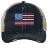 Distressed trucker hat with embroidered American flag design, mesh back panel, and adjustable strap closure